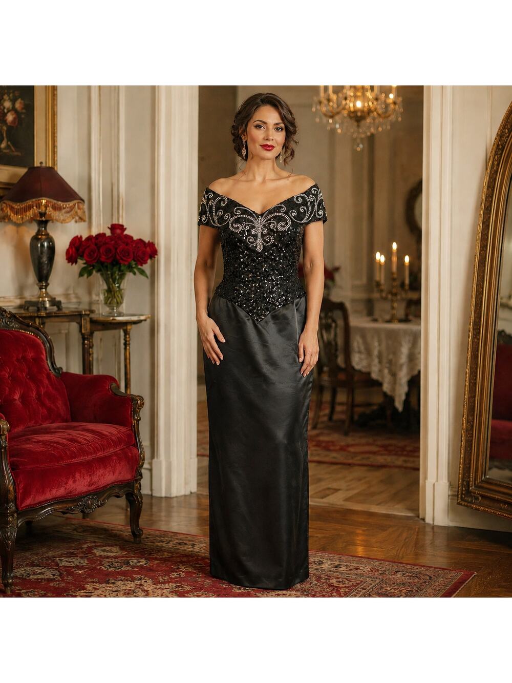 80s Legends Black Sequin Rhinestone Off Shoulder Formal Gown - M